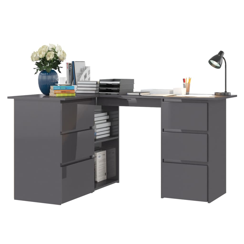 vidaXL Rohový psací stůl šedý vysoký lesk 145x100x76 cm dřevotříska