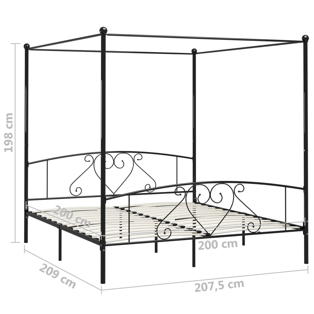 vidaXL Rám postele s nebesy černý kovový 200 x 200 cm