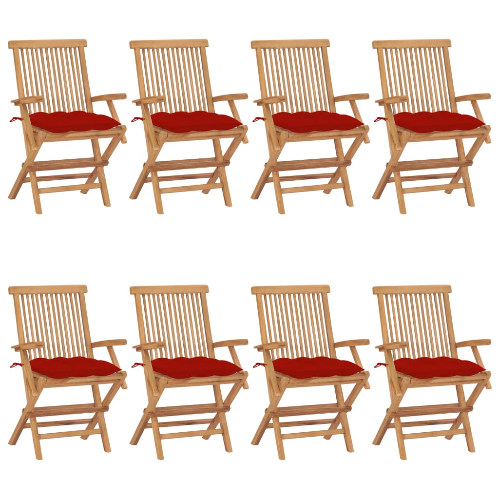 vidaXL Zahradní židle s červenými poduškami 8 ks masivní teak