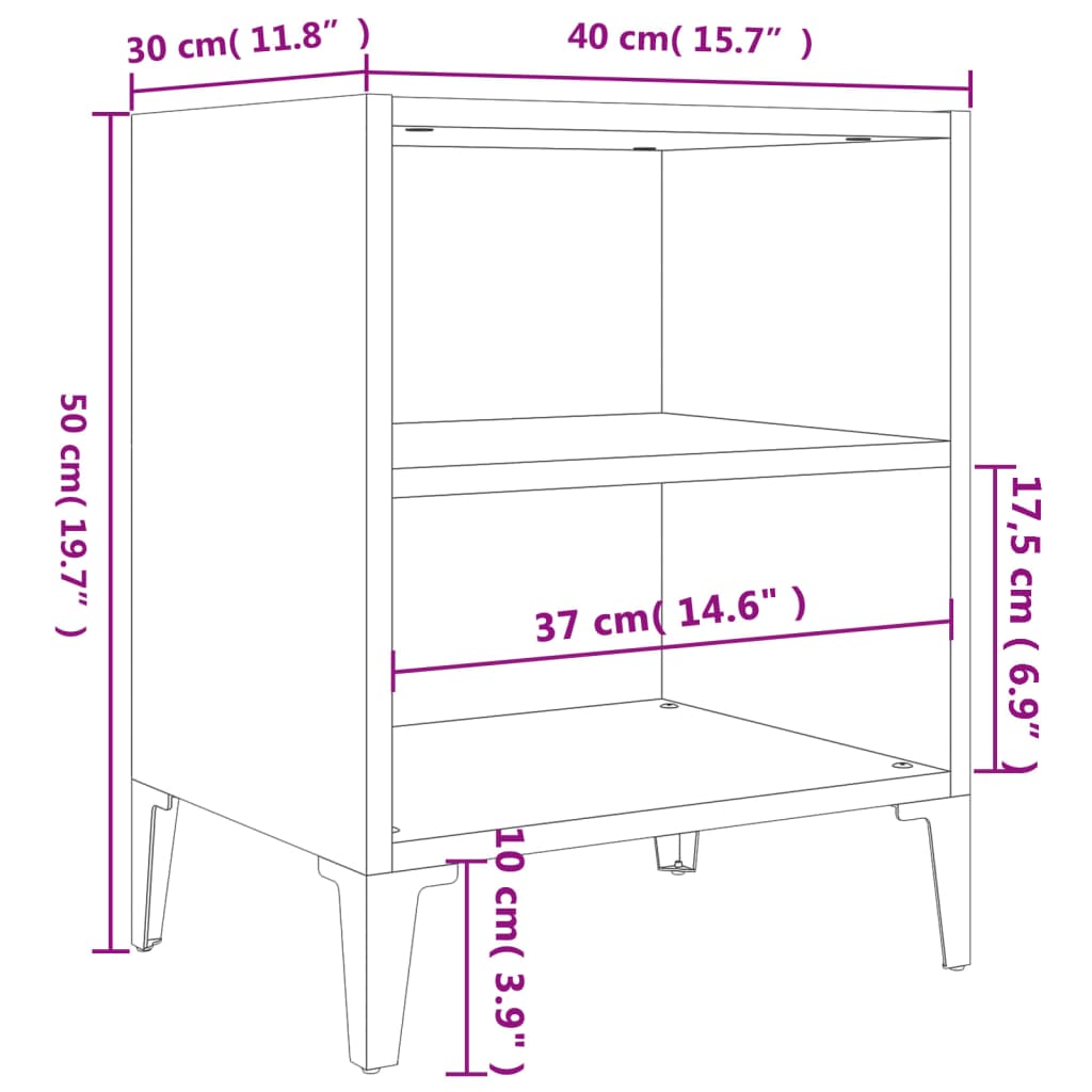 vidaXL Noční stolek s kovovými nohami šedý sonoma 40 x 30 x 50 cm