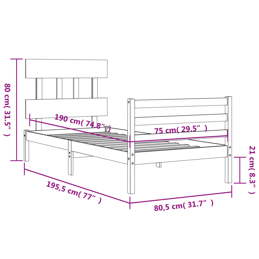 vidaXL Rám postele s čelem Small Single masivní dřevo