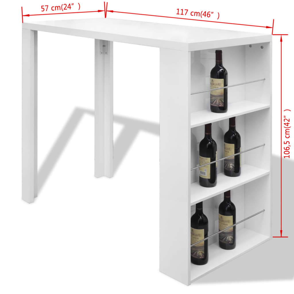 vidaXL Barový stůl MDF s policemi na víno bílý s vysokým leskem
