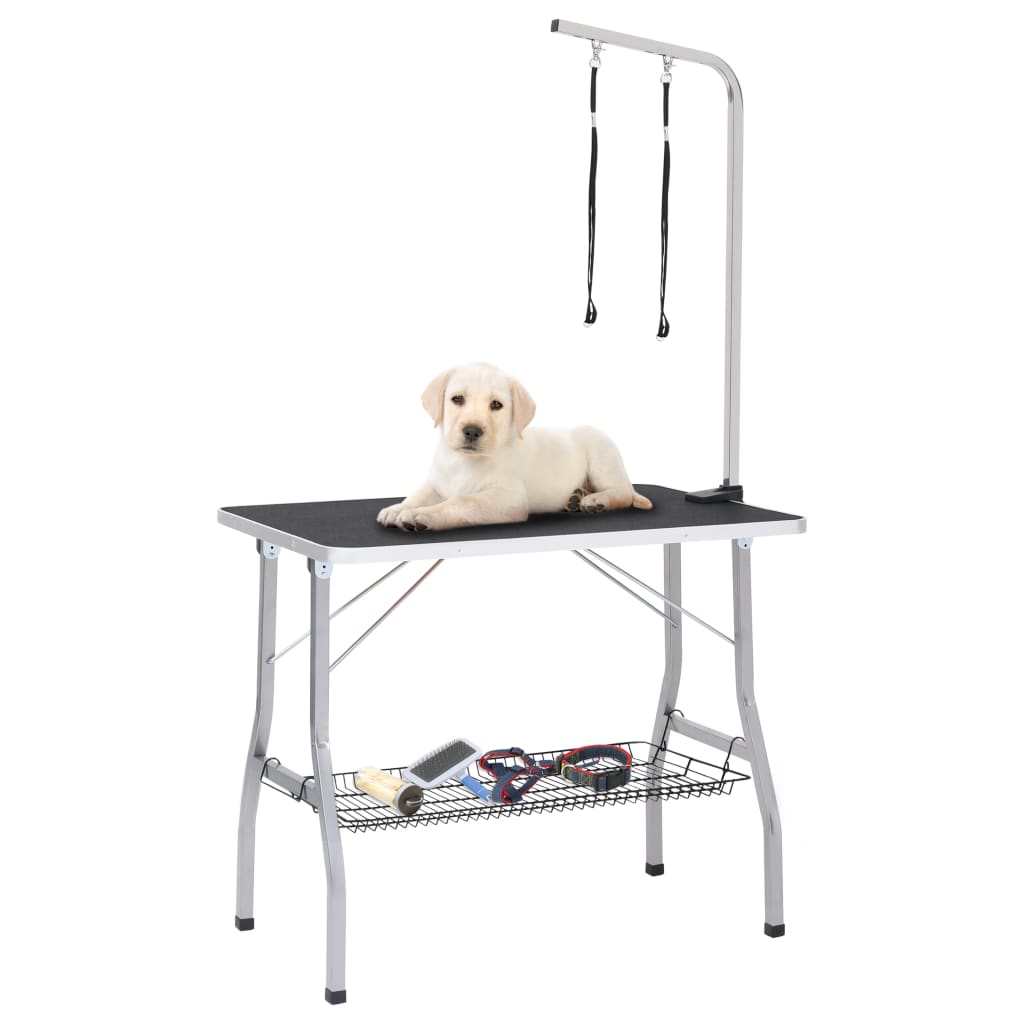 vidaXL Nastavitelný stůl na stříhání psů se 2 smyčkami a košem