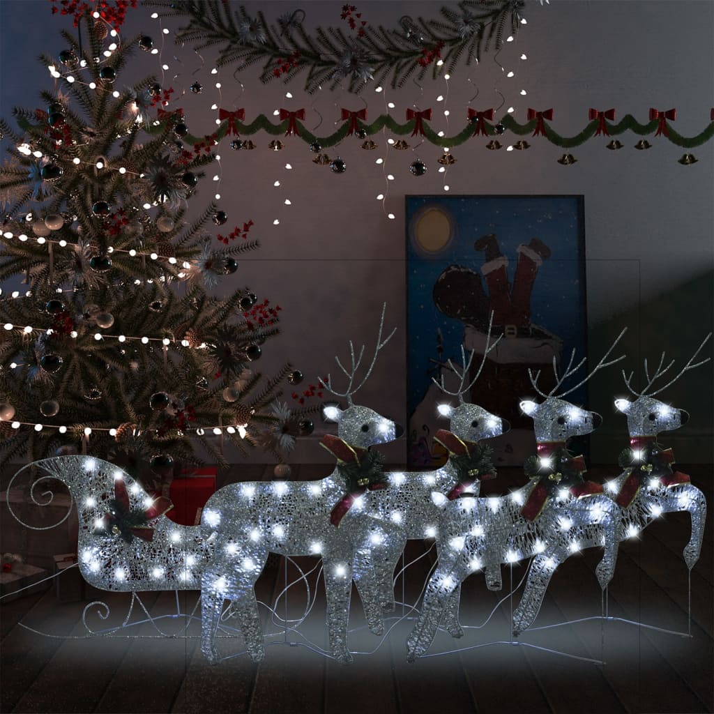 vidaXL Vánoční sobi se sáněmi 100 LED diod venkovní stříbrní