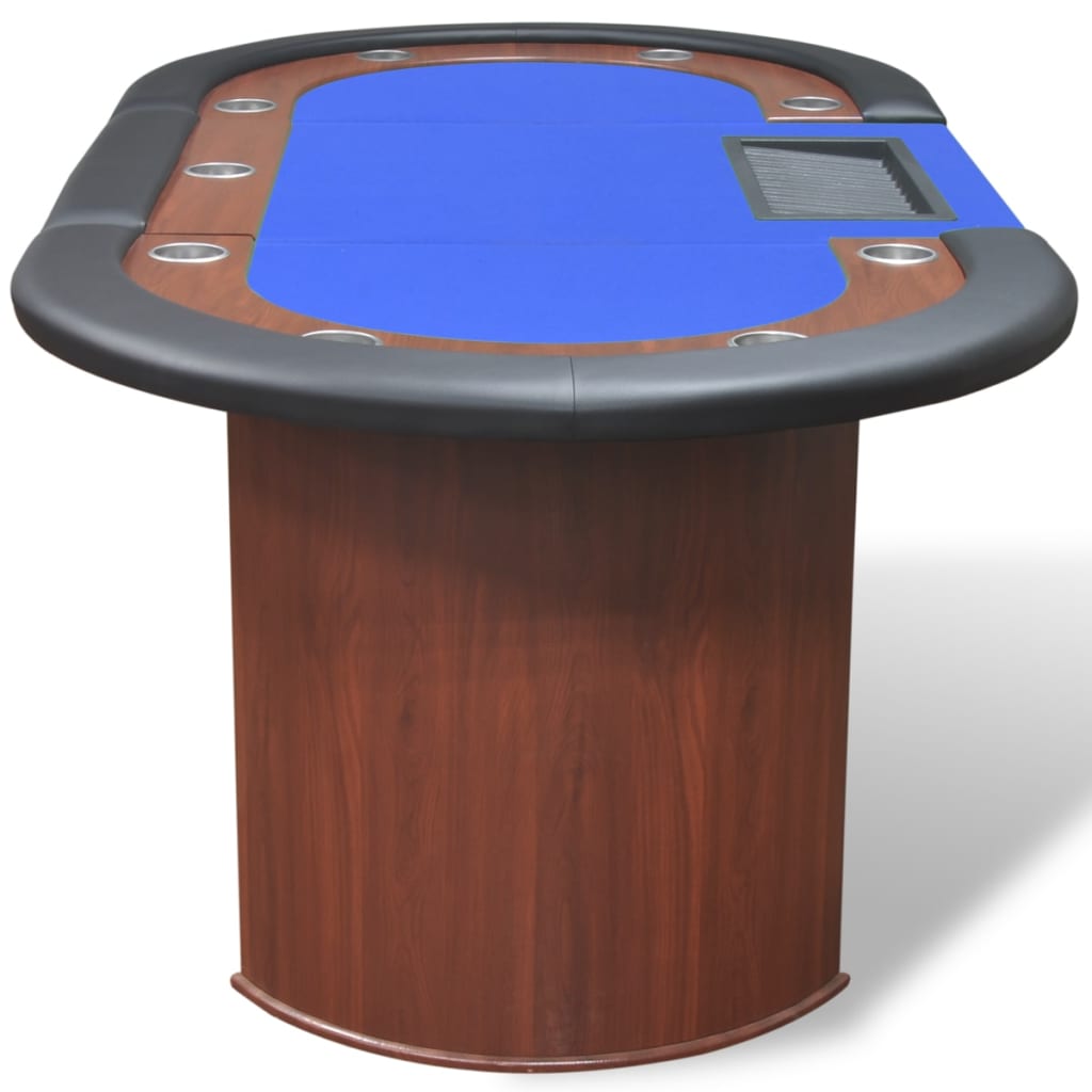 Pokerový stůl pro 10 hráčů, zóna pro dealera + držák na žetony, modrý