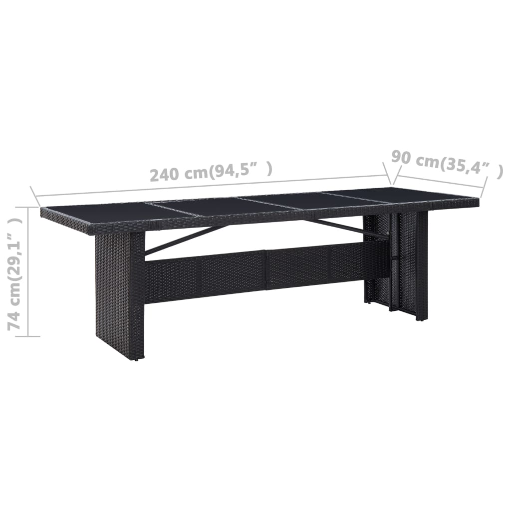 vidaXL Zahradní stůl černý 240 x 90 x 74 cm polyratan a sklo