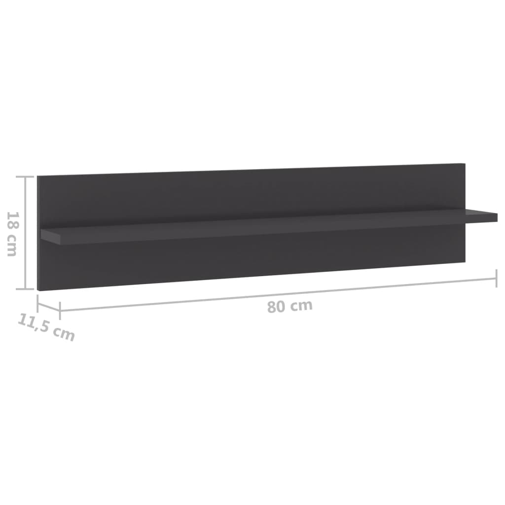 vidaXL Nástěnné police 2 ks šedé vysoký lesk 80x11,5x18cm dřevotříska