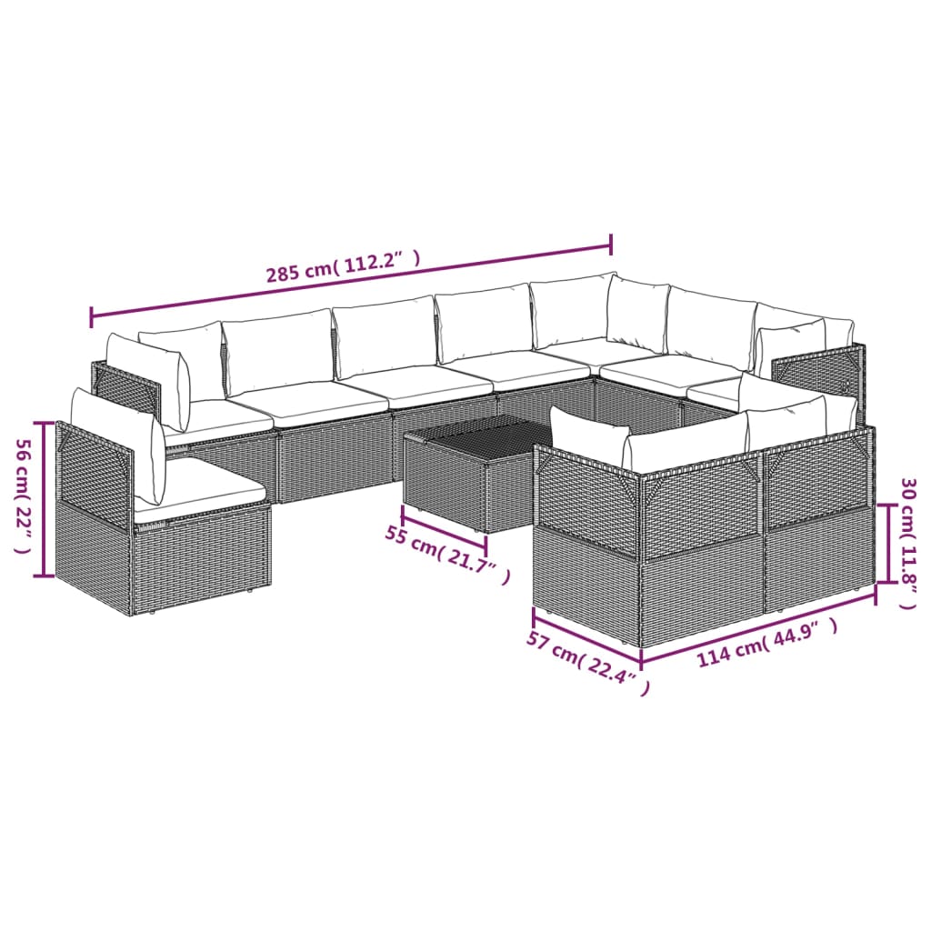 vidaXL 11dílná zahradní sedací souprava s poduškami šedá polyratan