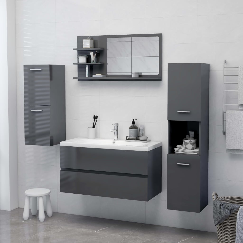 vidaXL Koupelnové zrcadlo šedé vysoký lesk 90x10,5x45 cm dřevotříska