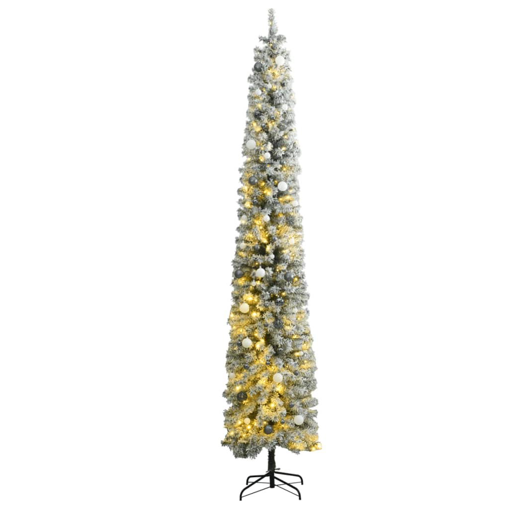 vidaXL Úzký vánoční stromek s 300 LED a koulemi zasněžený 300 cm