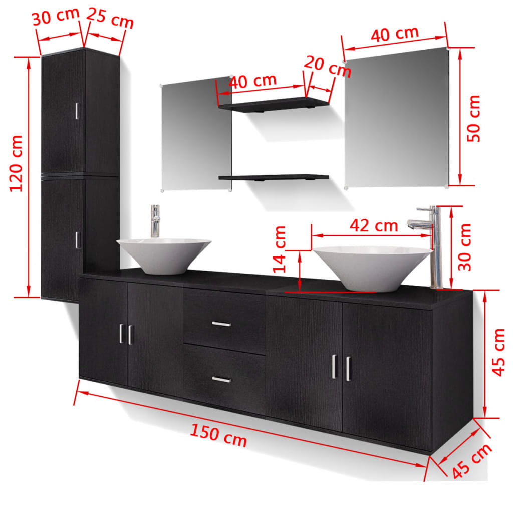 vidaXL 11kusový set koupelnového nábytku s umyvadlem a baterií, černý