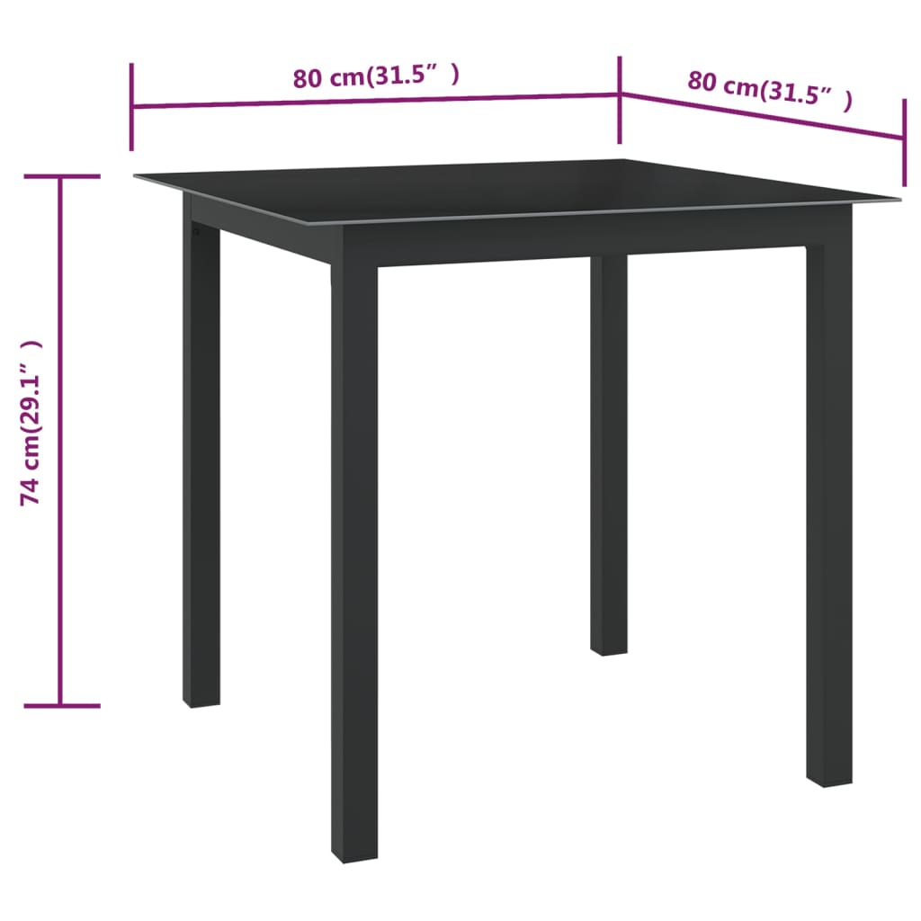 vidaXL Zahradní stůl černý 80 x 80 x 74 cm hliník a sklo