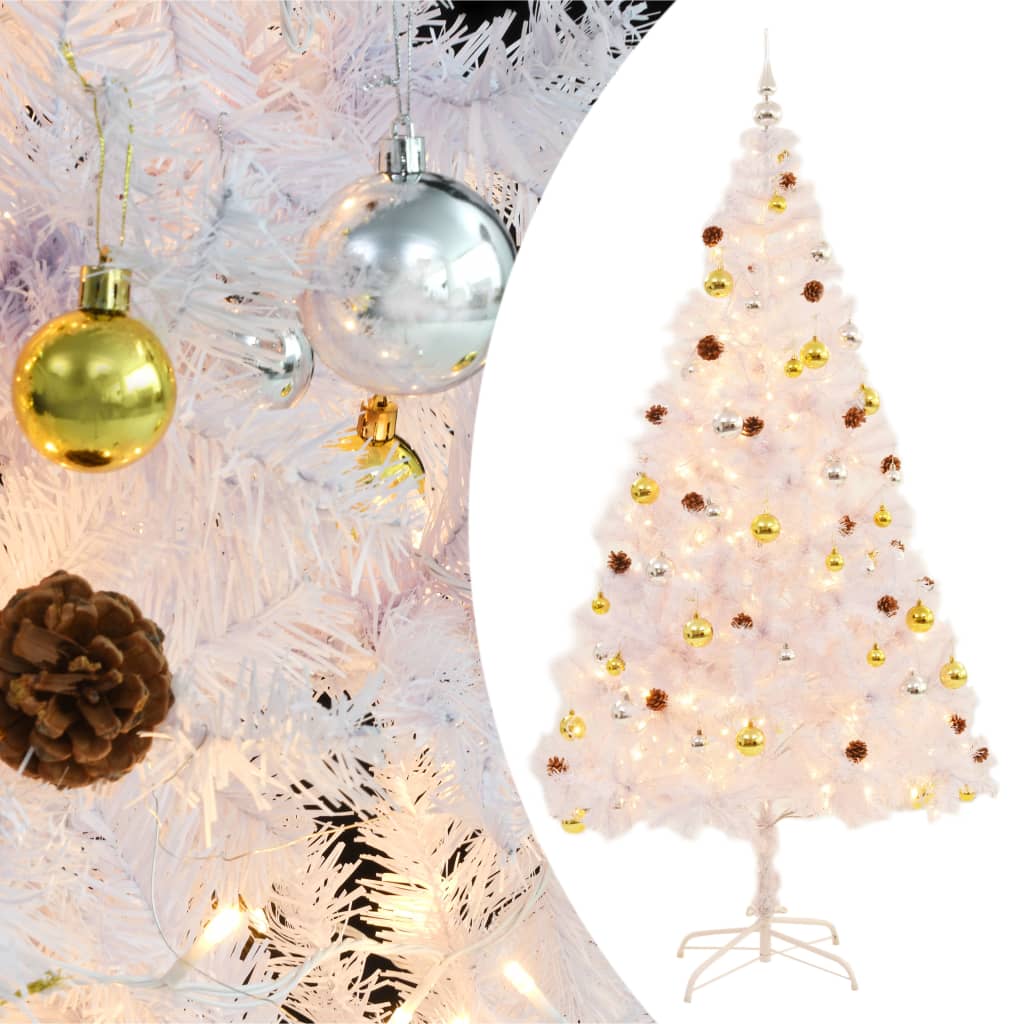 vidaXL Umělý vánoční stromek s baňkami a LED osvětlením bílý 210 cm
