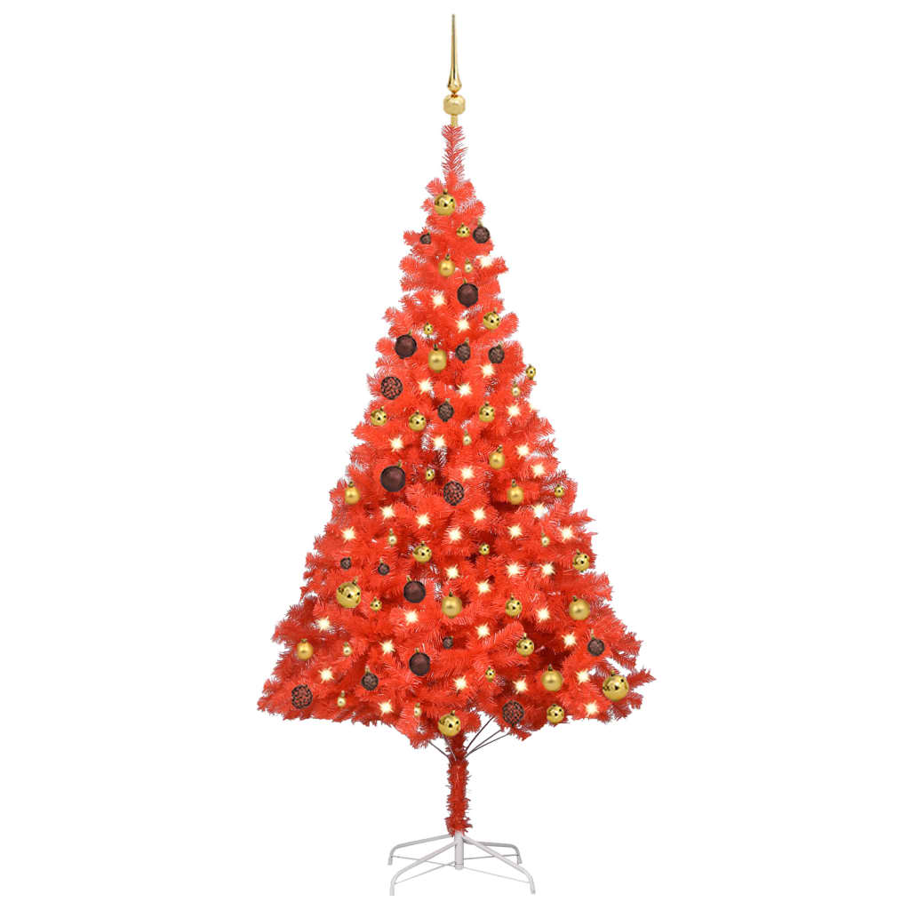 vidaXL Umělý vánoční stromek s LED a sadou koulí červený 180 cm PVC