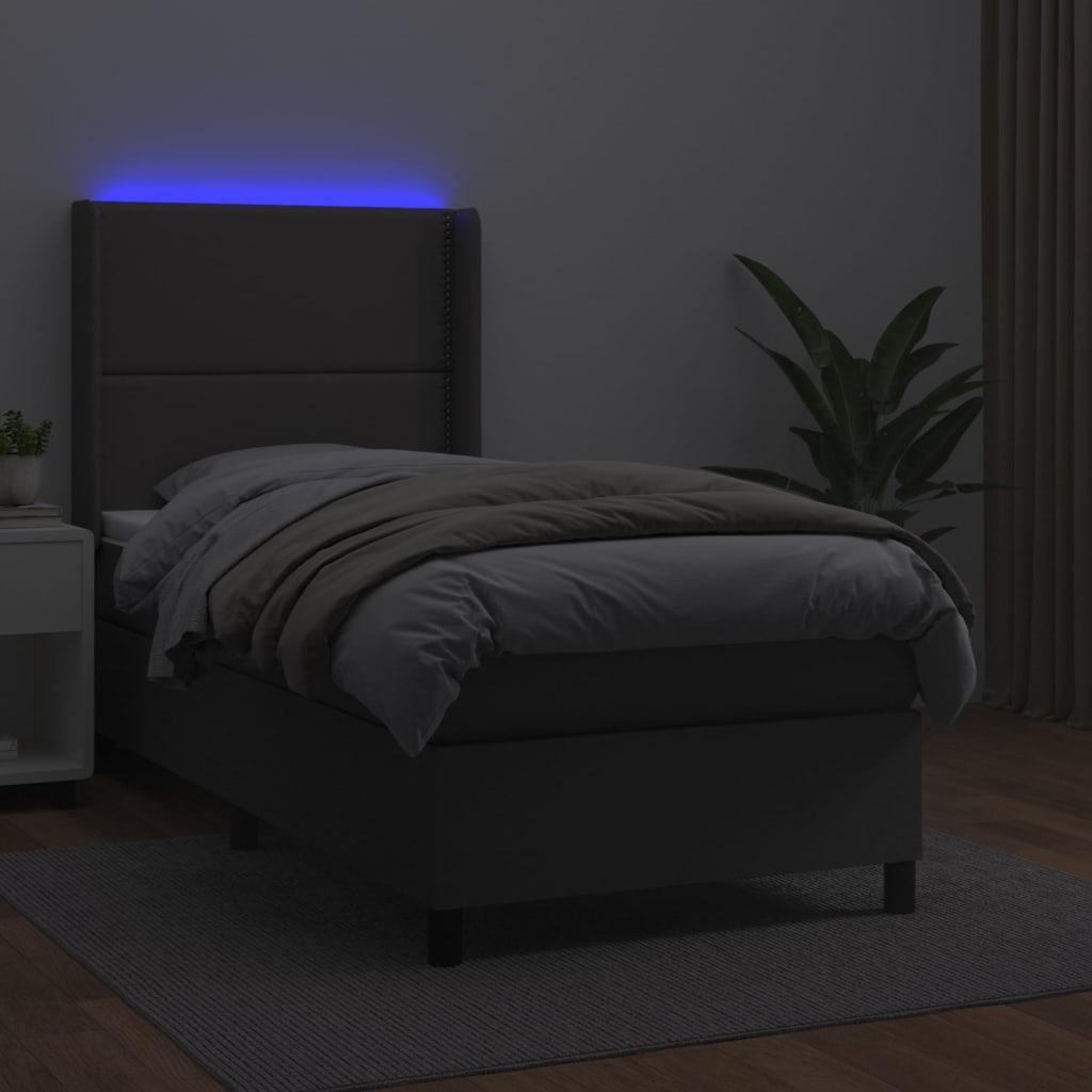 vidaXL Box spring postel s matrací a LED šedá 90x200 cm umělá kůže