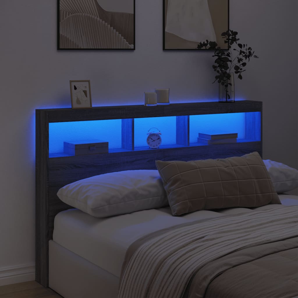 vidaXL Čelo postele s úložným prostorem a LED šedé sonoma 160x17x102cm