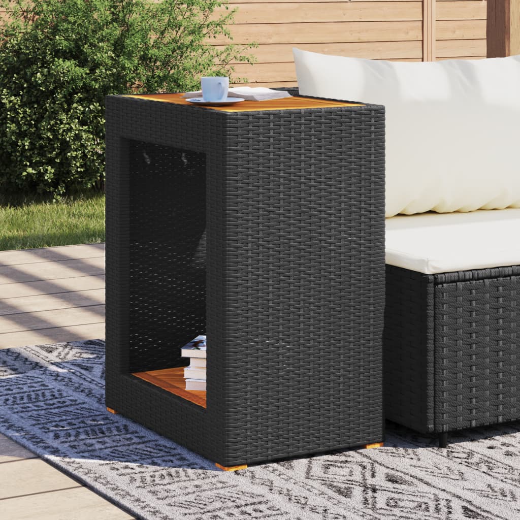 vidaXL Zahradní stolek s dřevěnou deskou černý 60x40x75 cm polyratan