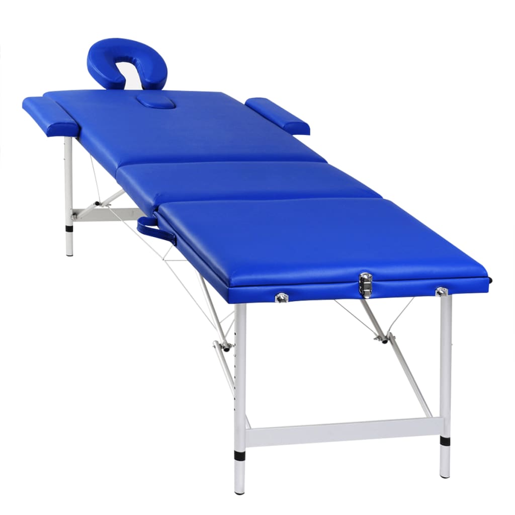 Modrý skládací masážní stůl se 3 zónami a hliníkový rám