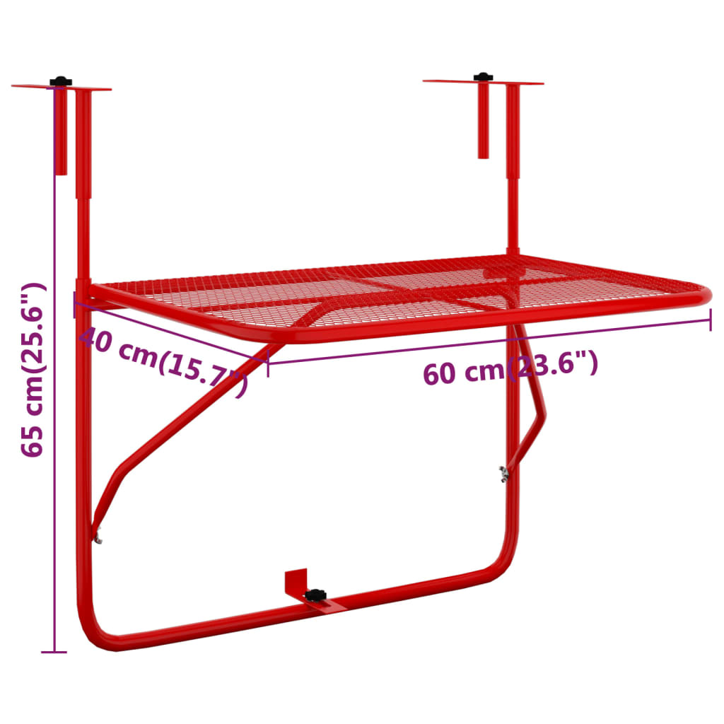 vidaXL Balkonový stolek červený 60 x 40 cm ocel