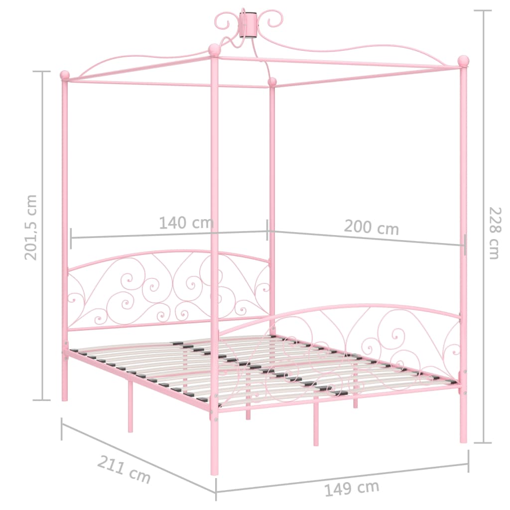 vidaXL Rám postele s nebesy růžový kovový 140 x 200 cm