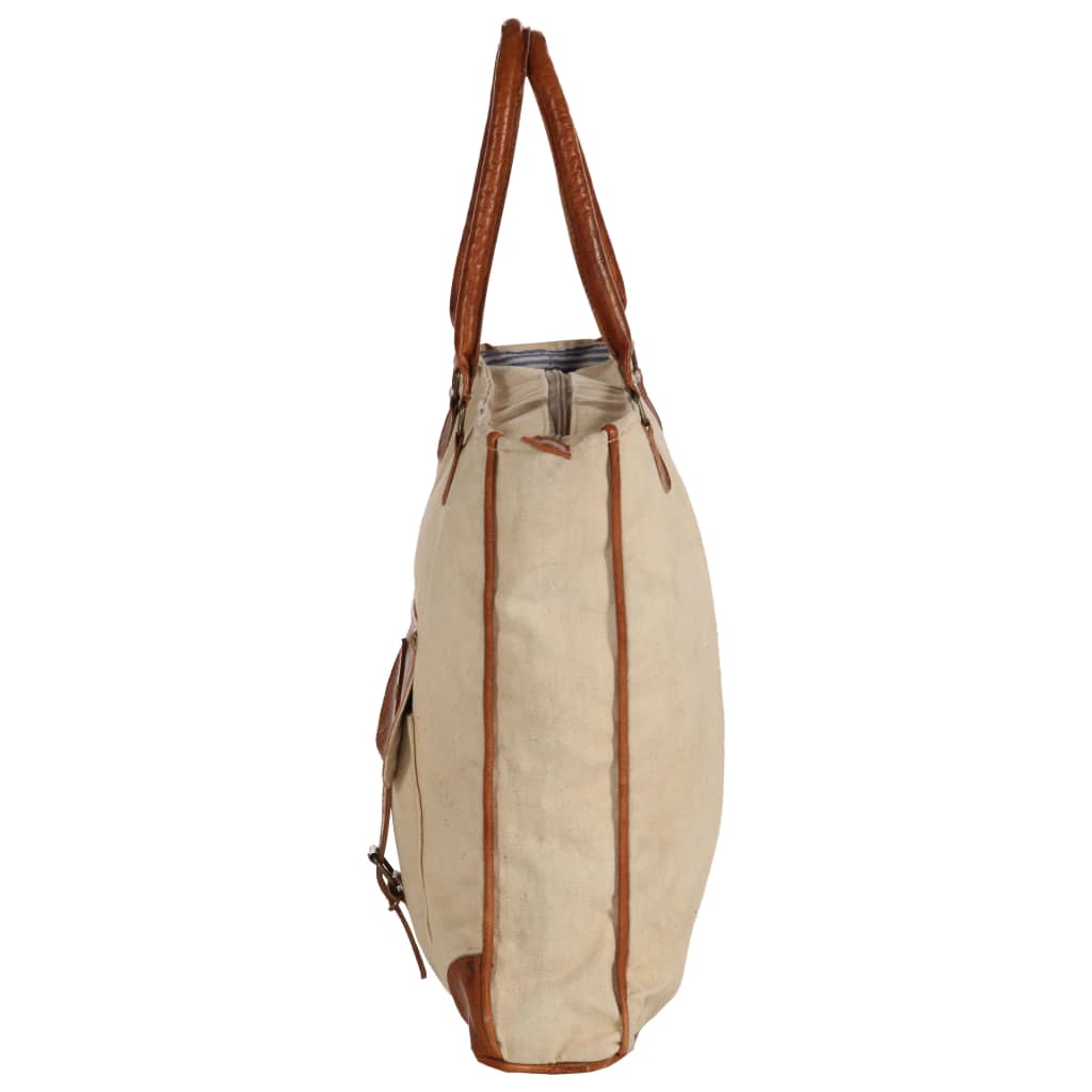 vidaXL Shopper kabelka béžová 34,5 x 10 x 57 cm plátno a pravá kůže