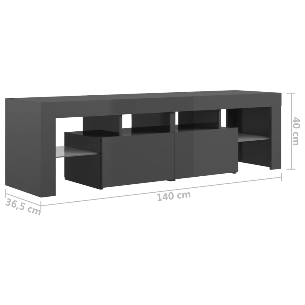vidaXL TV skříňka s LED osvětlením šedá vysoký lesk 140 x 36,5 x 40 cm
