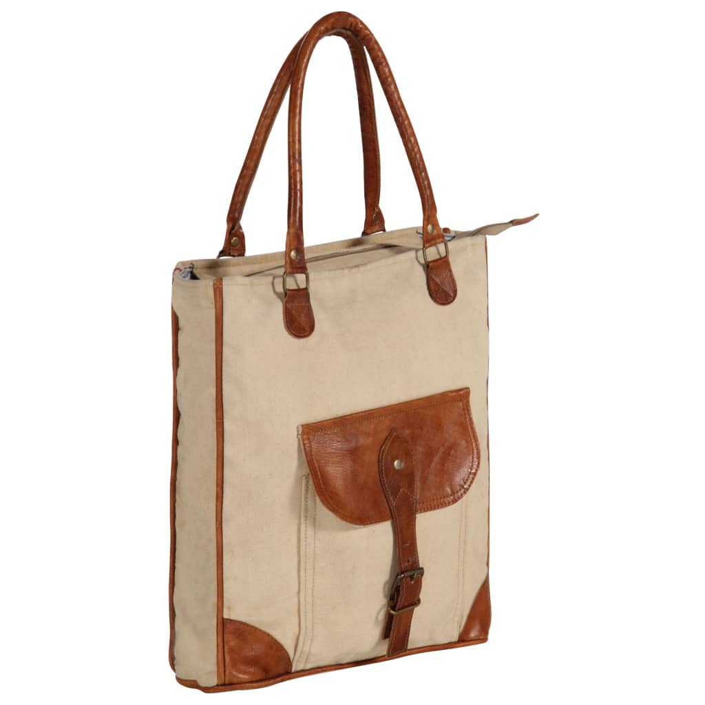 vidaXL Shopper kabelka béžová 34,5 x 10 x 57 cm plátno a pravá kůže