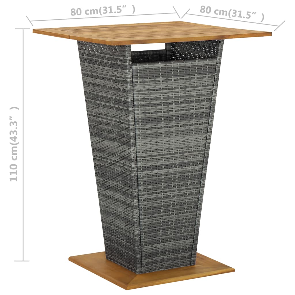 vidaXL Barový stůl šedý 80 x 80 x 110 cm polyratan a masivní akácie