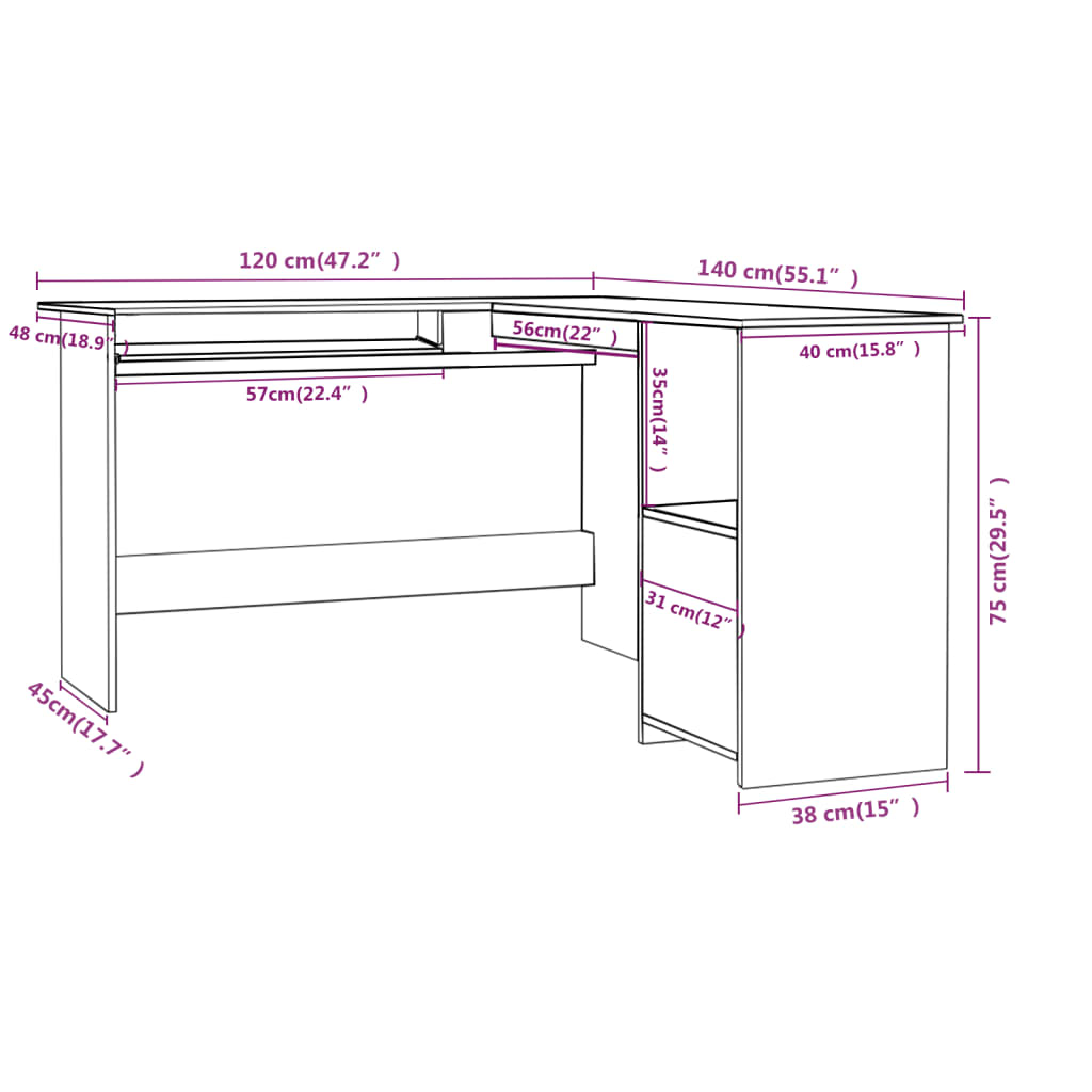 vidaXL Rohový psací stůl bílý 120 x 140 x 75 cm dřevotříska