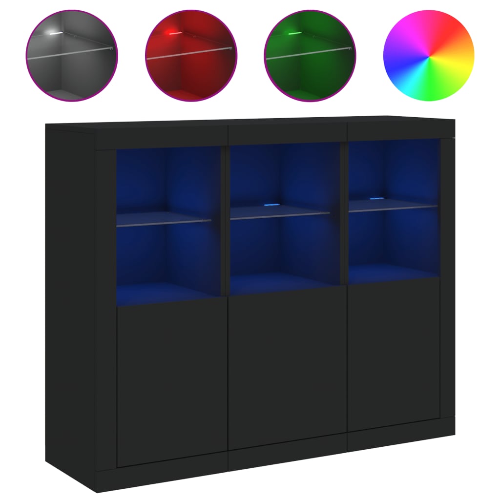 vidaXL Příborníky s LED osvětlením 3 ks černé kompozitní dřevo