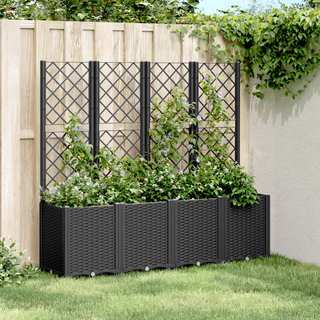 vidaXL Zahradní truhlík s treláží černý 160 x 40 x 140 cm PP