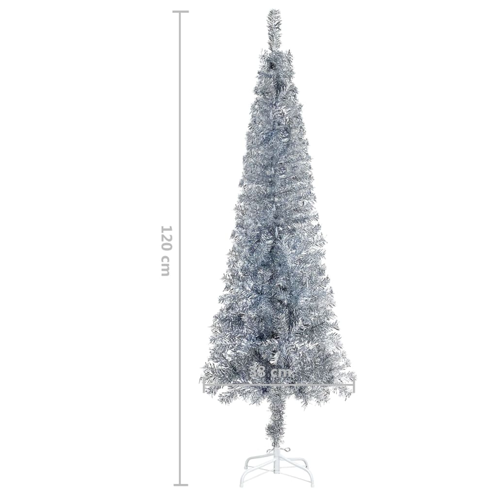 vidaXL Úzký vánoční stromek s LED diodami a sadou koulí stříbrný 120cm