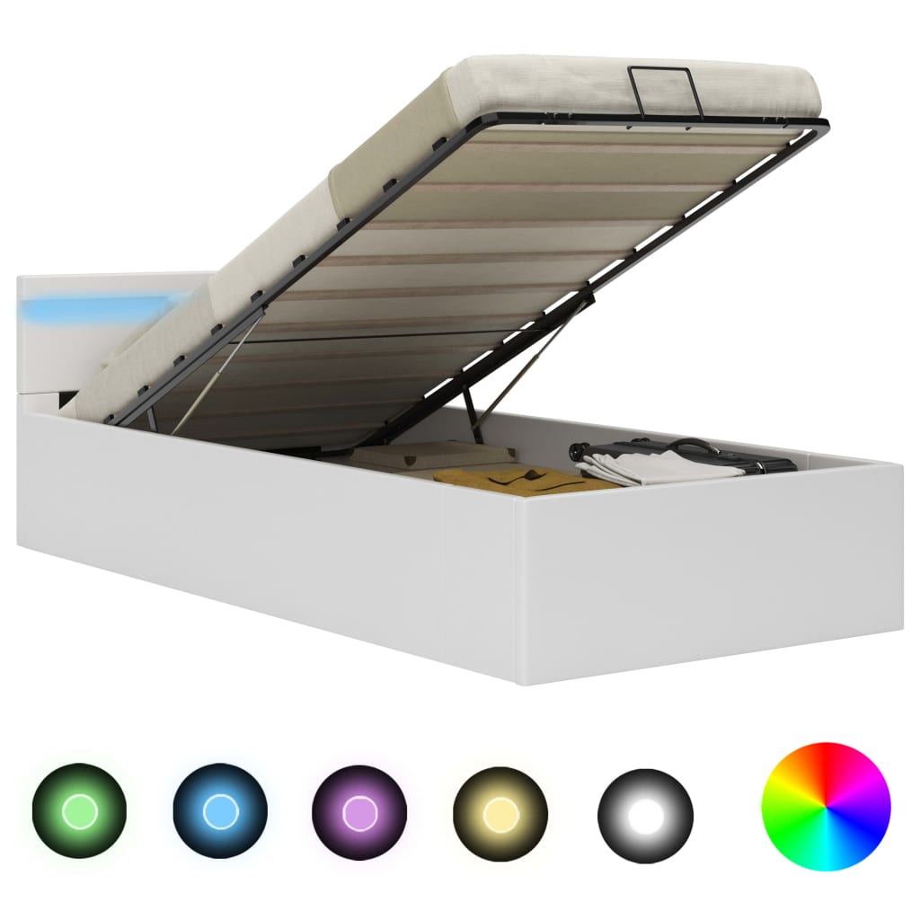 vidaXL Rám postele LED s úložným prostorem bílý umělá kůže 90 x 200 cm