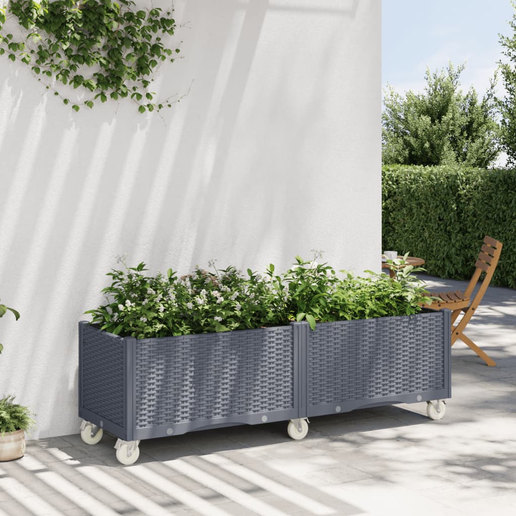 vidaXL Zahradní truhlík na kolečkách šedý 160 x 50 x 54 cm PP