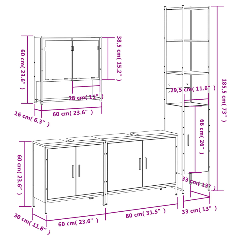 vidaXL 4dílný set koupelnového nábytku kouřový dub kompozitní dřevo