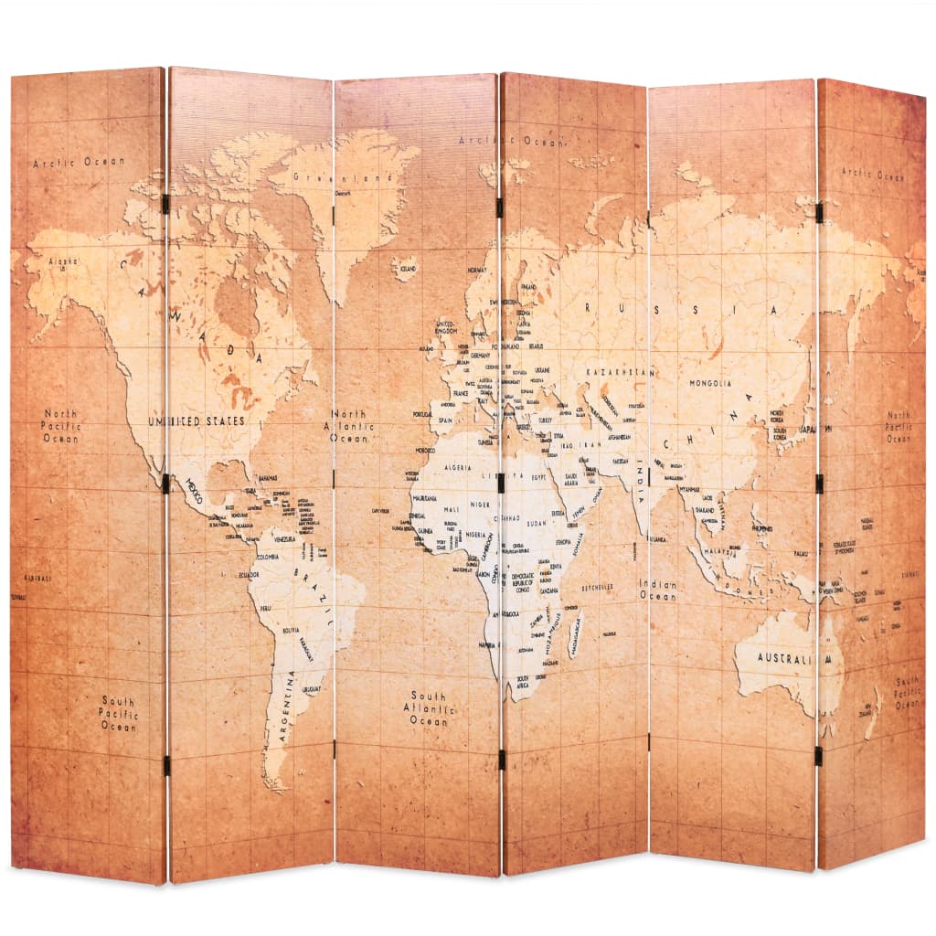 vidaXL Skládací paraván 228 x 170 cm Mapa světa žlutá