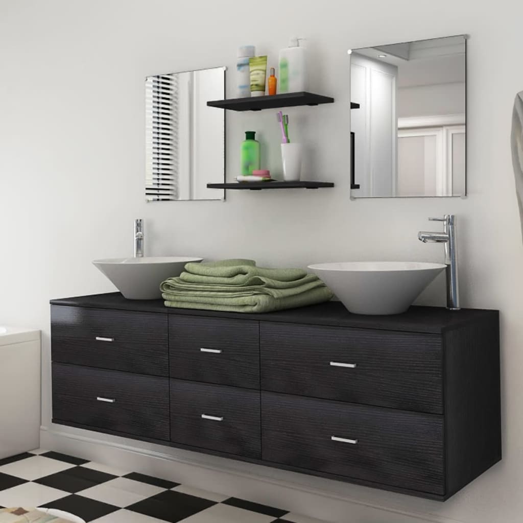 vidaXL 9dílný set koupelnového nábytku s umyvadlem a baterií černý
