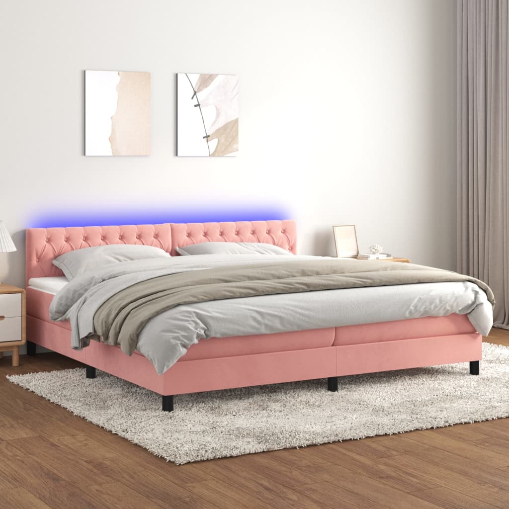vidaXL Box spring postel s matrací a LED růžová 200x200 cm samet
