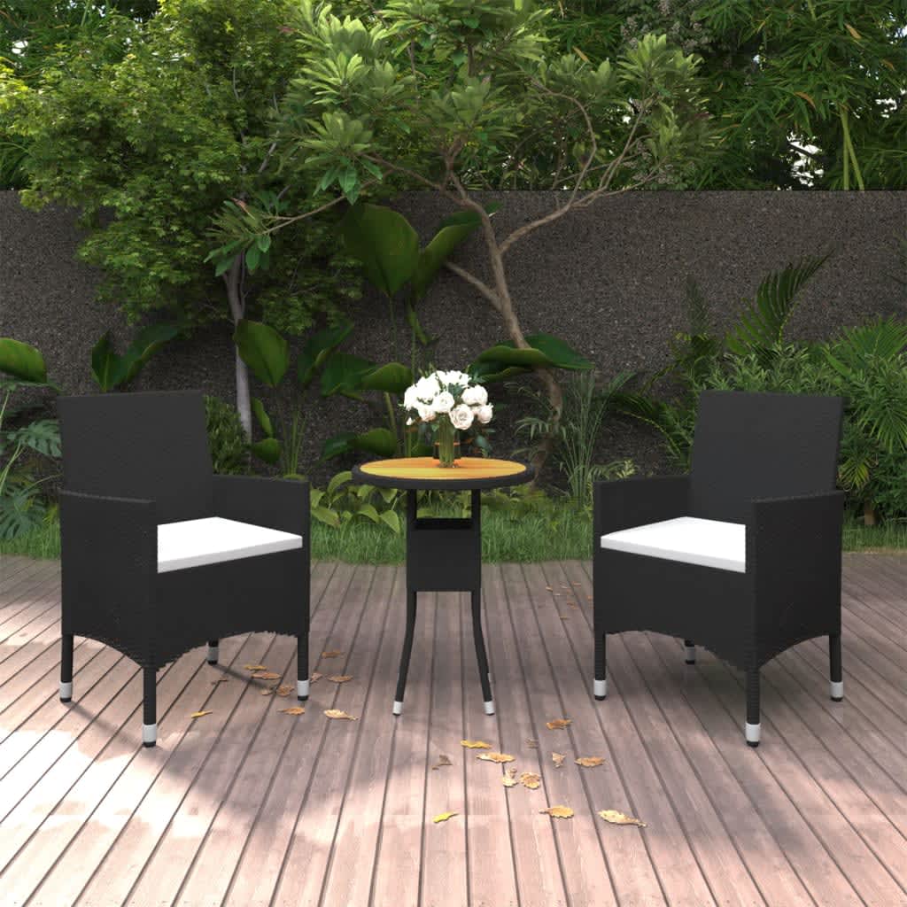 vidaXL 3dílný zahradní bistro set polyratan a masivní dřevo černý
