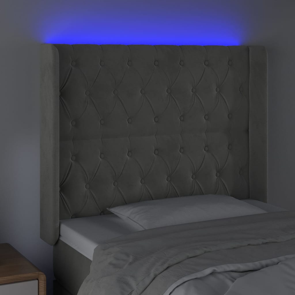 vidaXL Čelo postele s LED světle šedé 93x16x118/128 cm samet