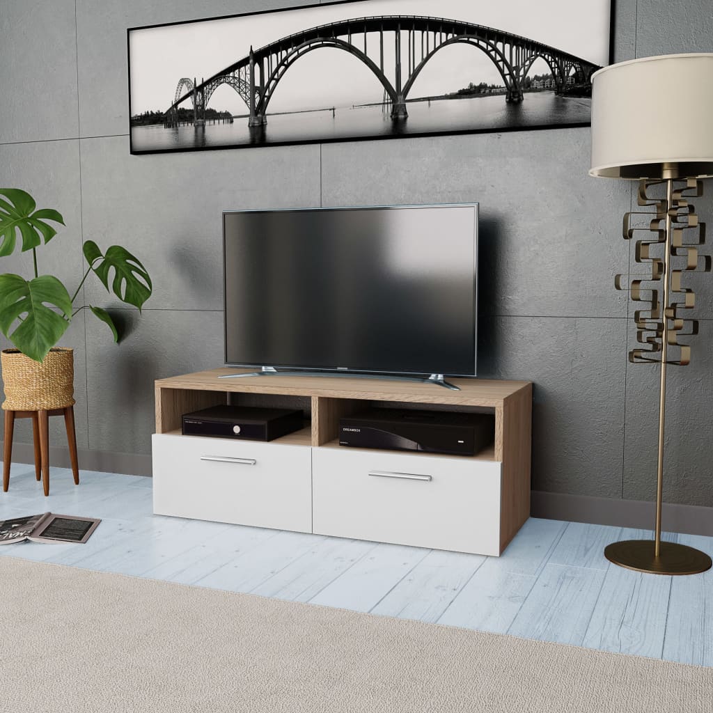 vidaXL Stolek pod TV, dřevotříska, 95 x 35 x 36 cm, dub a bílá