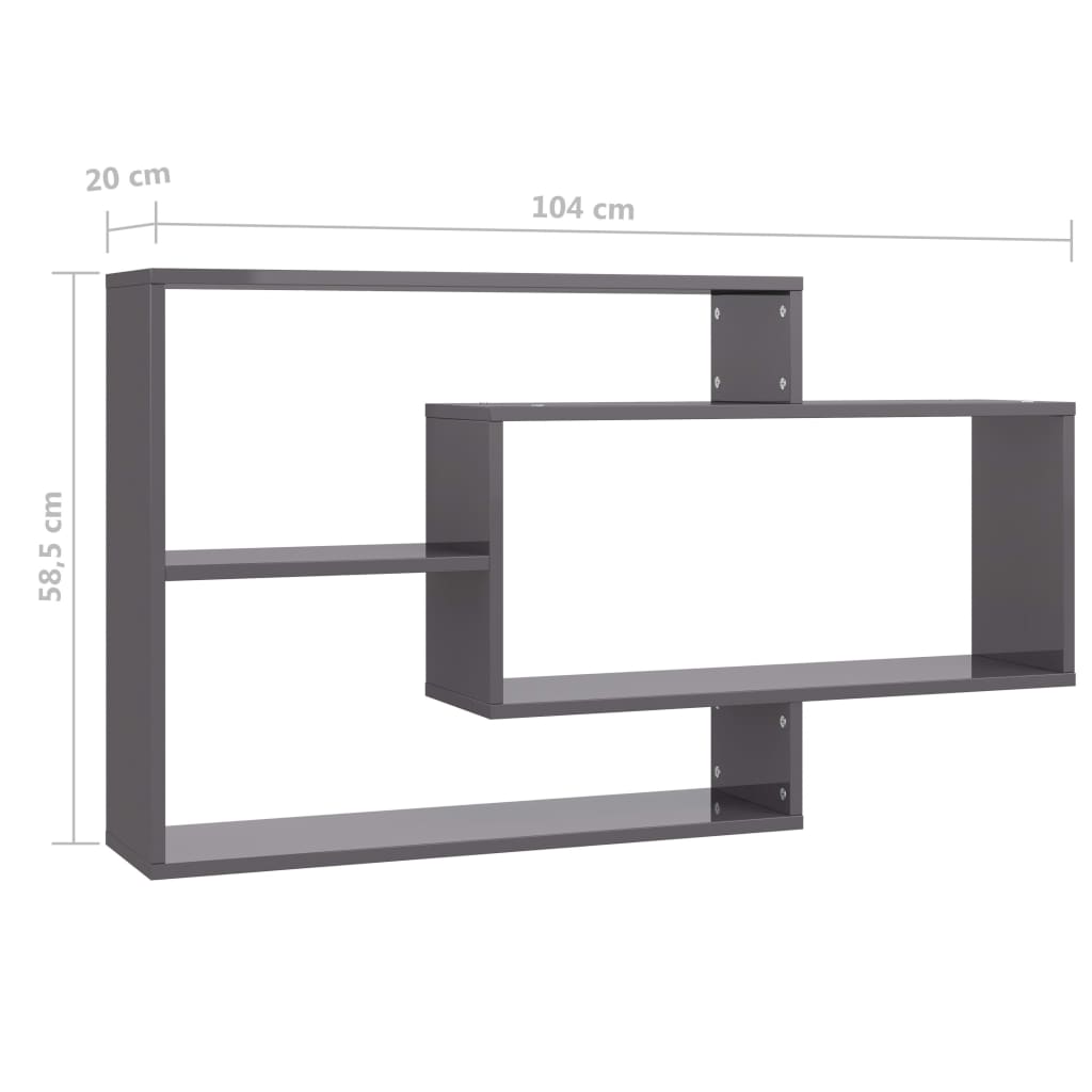 vidaXL Nástěnné police šedé vysoký lesk 104 x 20 x 58,5 cm dřevotříska