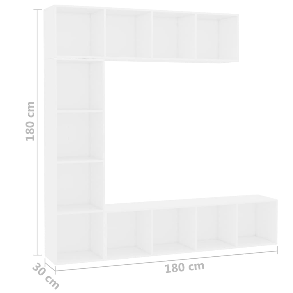 vidaXL 3dílná TV skříňka a knihovna bílá 180 x 30 x 180 cm