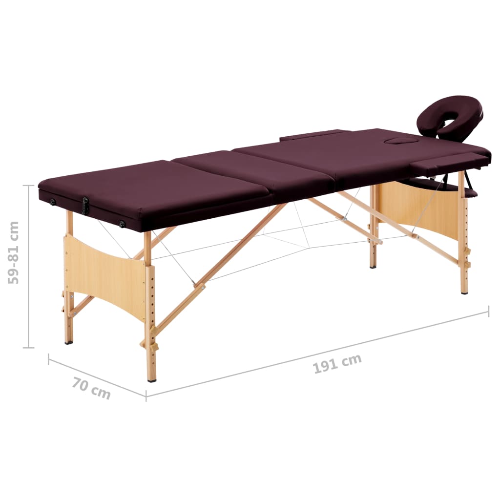 vidaXL Skládací masážní stůl 3 zóny dřevo vínově fialový