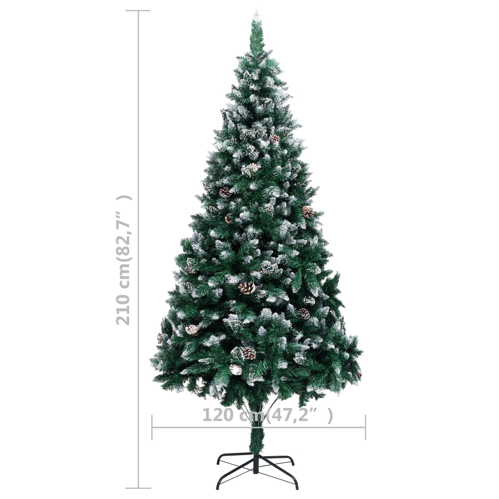 vidaXL Umělý vánoční stromek s LED a šiškami a bílým sněhem 210 cm