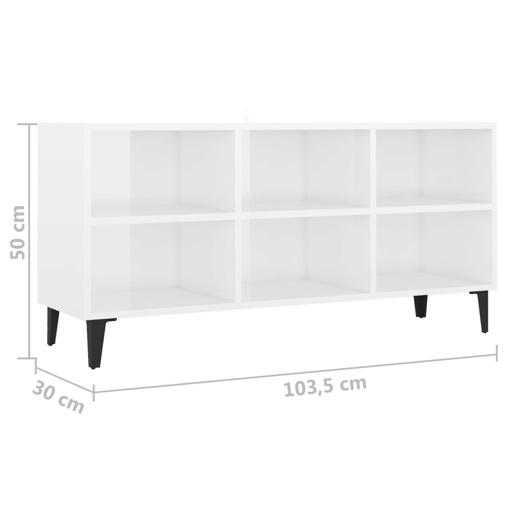 vidaXL TV stolek s kovovými nohami bílý vysoký lesk 103,5 x 30 x 50 cm