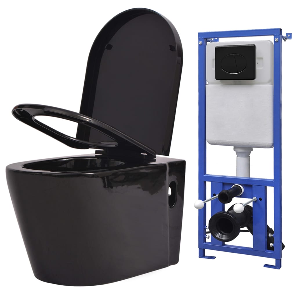 vidaXL Závěsná toaleta s podomítkovou nádržkou keramická černá