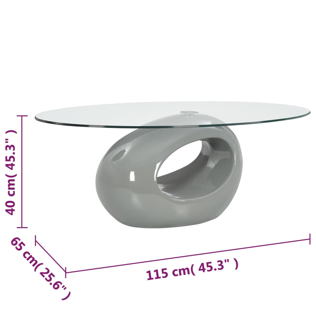 vidaXL Konferenční stolek s oválnou skleněnou deskou vysoký lesk šedý