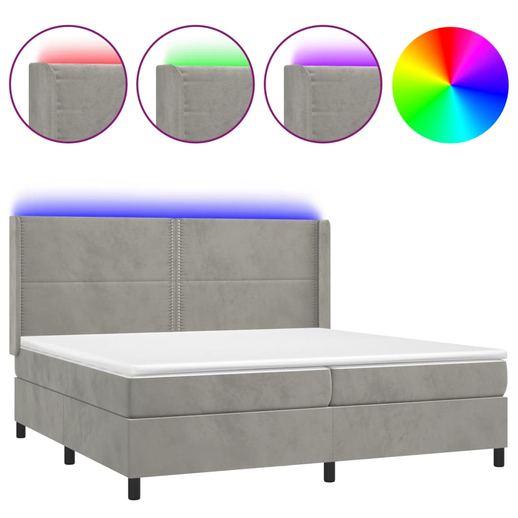 vidaXL Box spring postel s matrací a LED světle šedá 200x200 cm samet