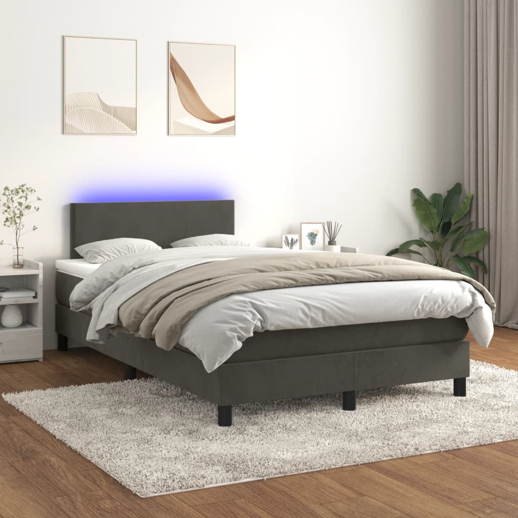 vidaXL Box spring postel s matrací a LED tmavě šedá 120x200 cm samet